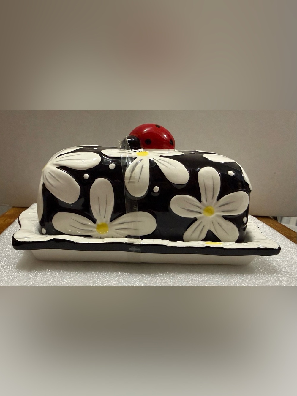 Black Daisy Ceramic Butter Dish with Red Ladybug Accent - New
